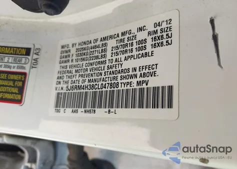 2012 Honda Cr-V Lx из США, поврежденный, VIN 5J6RM4H38CL047808